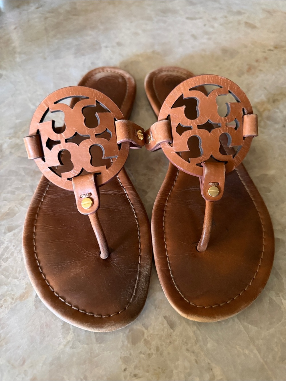 Tory Burch Cognac Leather Logo Thong Sandals